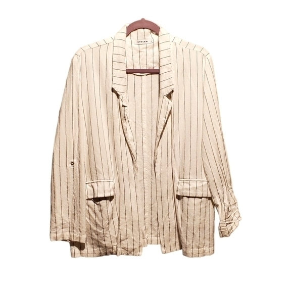 Stelen Jackets & Blazers - Stelen White Cotton Linen Open Blazer Jacket Roll Tab Sleeves Pinstripe Large